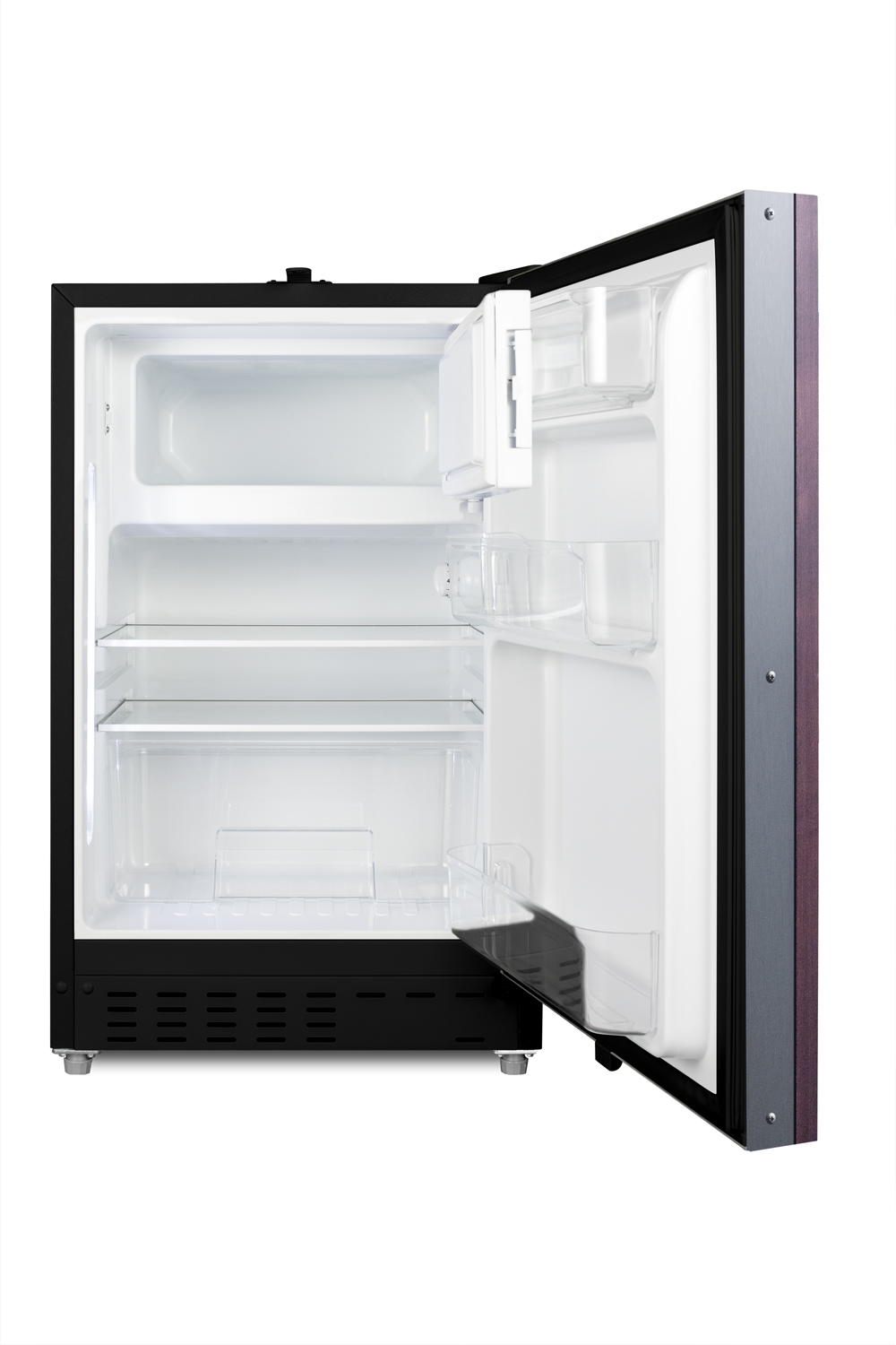 Built-in undercounter ADA compliant refrigerator-freezer in black with panel ready door for residential use, manual defrost with glass shelves, and door storage